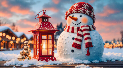 Festive snowman and lantern in a snowy village at dusk