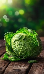 Fresh green cabbage on rustic wooden table with natural light and soft bokeh