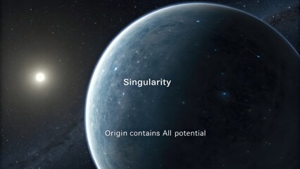 Abstract celestial sphere with the text 'Singularity Origin contains All potential' in deep space
