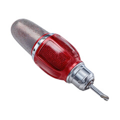 Detailed shot of a power drill, with a red handle and metallic accents on a black background