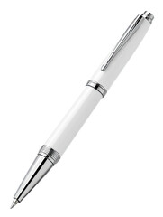 Elegant white and silver rollerball pen, angled against a stark black background