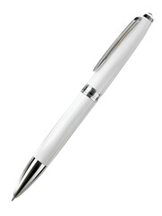 A white, elegant ballpoint pen angled slightly towards the viewer against a black background