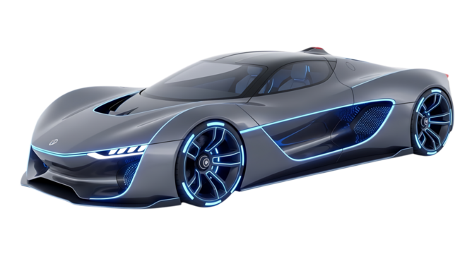 Sleek futuristic gray sports car with glowing blue neon accents and custom rims, isolated on a white or transparent background, cutout, PNG