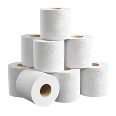 A neat pyramid stack of white paper rolls on a transparent background