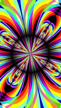 Kaleidoscopic abstract background of a rainbow op-art turbulent cartoon lines. Seamless vertical video hypnotic psychedelic mandala animation a geometric backdrop