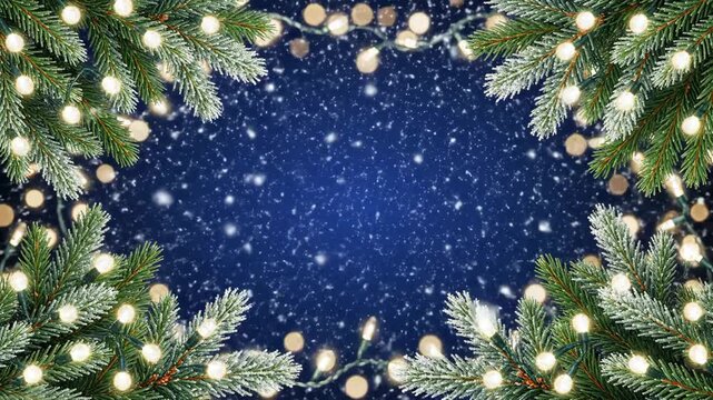 Christmas Tree Branches with Lights and Snow - This video features a festive Christmas background with snowy pine tree branches framing the corners and string lights.