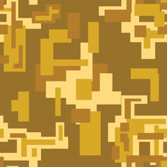Abstract geometric texture featuring a digital, blocky, or pixelated seamless camouflage pattern in shades of brown, orange, and tan. Ideal for desert, earth, fall, or military-themed projects.
