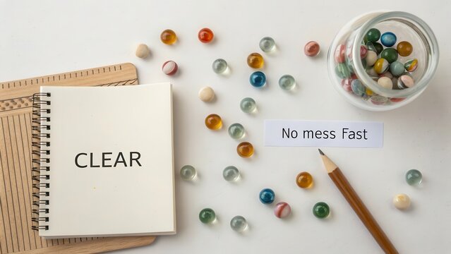 Flat lay of scattered colorful marbles on a white surface with 'Clear' note, representing tidiness and organization