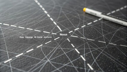 Abstract graphite surface with intersecting white dashed lines forming a network, a yellow marker in the background