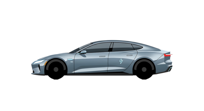 Sleek silver electric sedan with glowing blue lightning bolt emblem, isolated on a white or transparent background, cutout, PNG