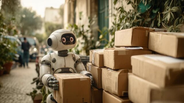 Advanced humanoid robot handling cardboard box deliveries on a city sidewalk, representing the future of automated logistics, autonomous shipping, and artificial intelligence in commerce