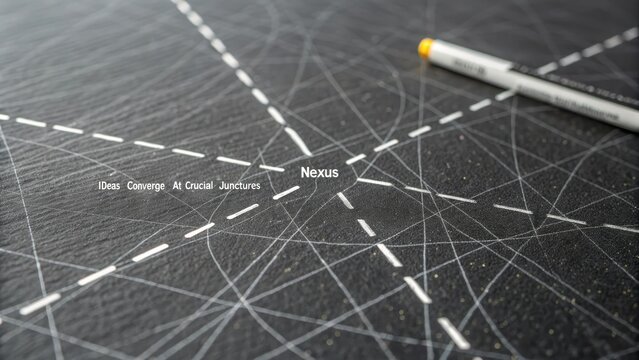 Abstract graphite surface with intersecting white dashed lines forming a network, a yellow marker in the background