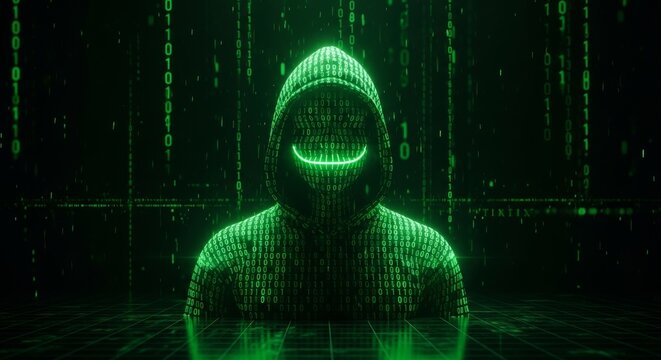 Glowing Binary-Code Hacker Silhouette in a Matrix-Style Digital Void