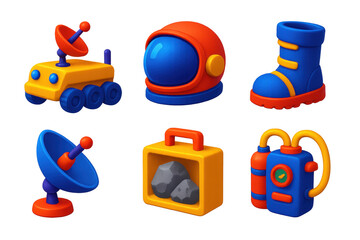 Naklejka premium Moon Exploration Icons. 3D icon set of moon exploration gear: lunar rover, space helmet, moon boot, satellite dish, rock sample