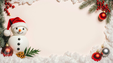 Festive snowman and christmas ornaments frame a blank space