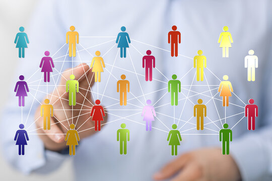 Concept of global communication, human interaction and social networking. Colorful people connected by lines on