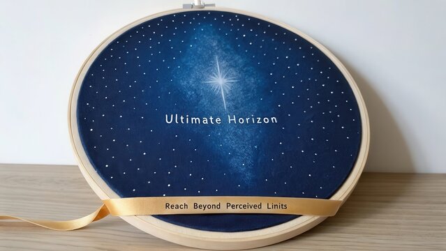 Circular embroidered canvas showcasing a deep space galaxy with a prominent star and inspiring text