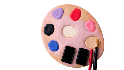 Clay artist palette with colorful paint blobs and brushes on transparency background, creative and artistic tool for painting