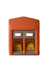 Miniature clay warehouse with forklift and stacked boxes in orange and yellow colors, showing small distribution center model