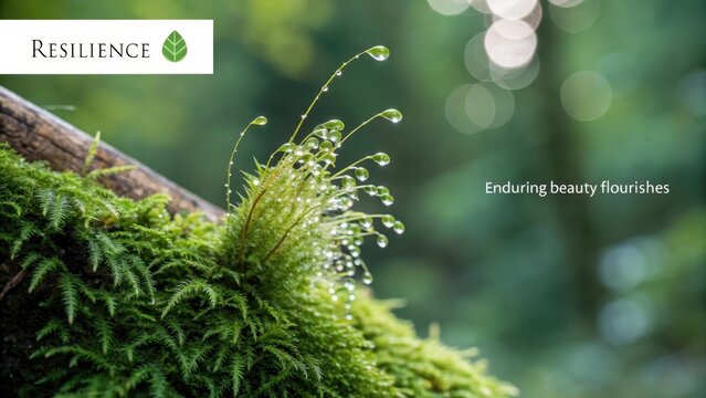 Close up of dew drops on vibrant green moss with soft bokeh background