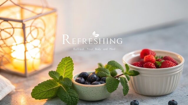 Close-up of refreshing blueberries and mint leaves in bowls with soft light