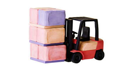 Clay forklift lifting colorful clay crates with soft pastel tones isolated transparency background, creative and playful design