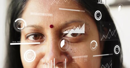 Mature woman opening eyes as animated HUD dials shift, monitoring vitals on bar charts for tech