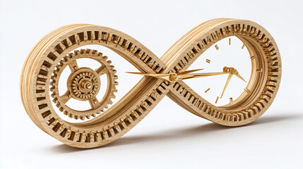 An artistic clock designed in the shape of infinity, crafted from wood, showcasing time's endless cycle