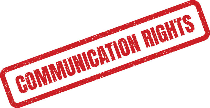 A textured red rectangular stamp displays the words Communication Rights diagonally across a white surface