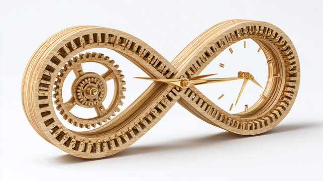 An artistic clock designed in the shape of infinity, crafted from wood, showcasing time's endless cycle