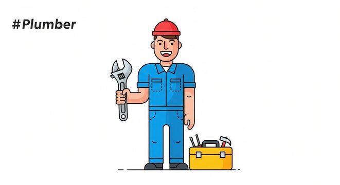 Illustration of a friendly plumber in a blue uniform holding a wrench. His toolbox is nearby. The cheerful character represents professional repair services for home maintenance ads.
