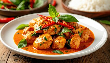 A close-up shot of a white plate filled with delicious Thai red curry chicken, garnished with fresh basil leaves and red chili peppers.