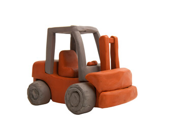 Clay forklift model with orange and gray colors isolated on transparency background, creative and playful design