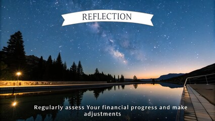 Majestic night sky reflection over tranquil water with distant trees and twilight glow