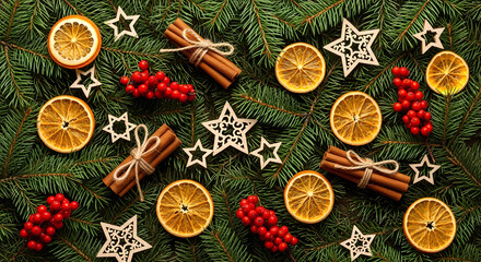 CHRISTMAS FIR BRANCHES WITH CINNAMON, DRIED ORANGE SLICES, AND RED BERRIES DECORATION
