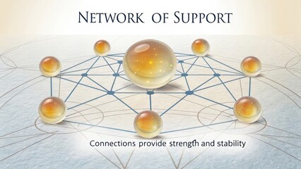 Network of Support. Glowing translucent spheres connected by a web of lines, illustrating strength and stability.