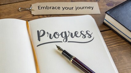 Open Journal Featuring the Word Progress and a Tag Reading Embrace Your Journey Near a Pen