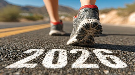 Runner stepping across 2026 street marking, Athletic shoes over 2026 goal text on road
