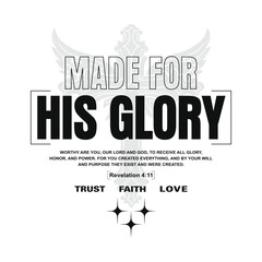 Urban faith typography, Made for His Glory streetwear design. Bold monochrome lettering with wings, Worship t‑shirt graphic, Modern Christian apparel poster.