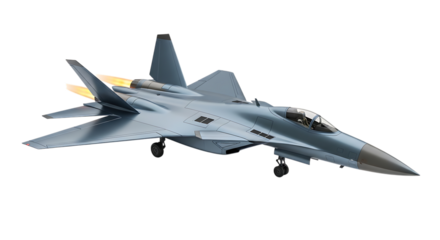 Modern Stealth Fighter Jet with Glowing Engines and Landing Gear Extended, isolated on a white or transparent background, cutout, PNG