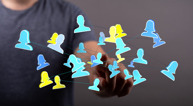 Human hand touches digital people icons. Concept of connection, community, networking, social media and online communication. - Powered by Adobe