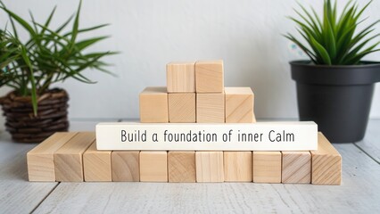 Stacked wooden blocks forming a foundation with a message of inner calm