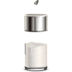 Clear Glass Container with White Granular Substance and Metal Cap Isolated on Transparent Background