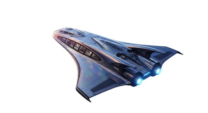 Sleek futuristic silver spacecraft with glowing blue engines and tinted windows, isolated on a white or transparent background, cutout, PNG