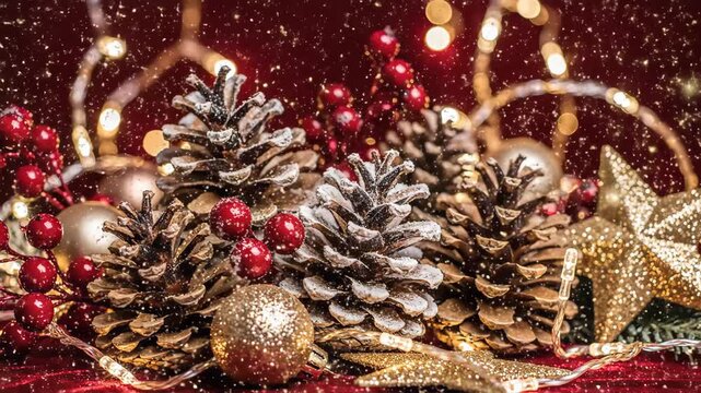 Festive Christmas Pinecone Arrangement - This festive still life features an arrangement of pinecones dusted with snow, bright red berries, a gold glitter ornament and star, and warm string lights,
