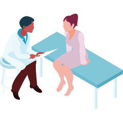 Doctor Consultation Patient Sitting On Medical Bed Pink Dress Discussing Health Issue With Professional Healthcare Provider In Clinical Setting