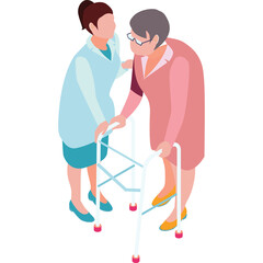 Elderly Woman Assisted by Caregiver with Walker Aides Mobility Challenges in Healthcare Setting