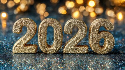 Glitter 2026 digits with warm golden bokeh, Shiny 2026 numbers in festive blurred lights