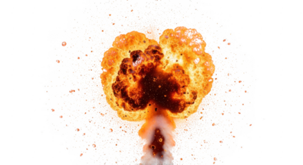 Fiery explosion with bright orange flames and sparks isolated on transparent background