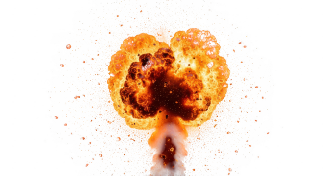 Fiery explosion with bright orange flames and sparks isolated on transparent background